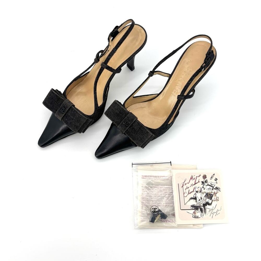 Chanel CC Retro Vintage Lagerfeld Bow Black Denim Slingback Pointed Toe Pumps 35 - Picture 2 of 8